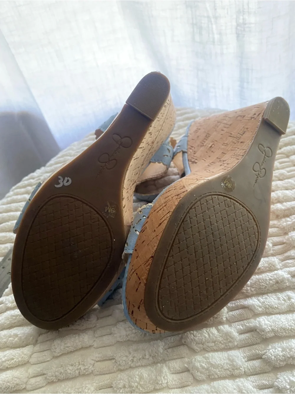 Jessica Simpson Jazziah Powder Blue Scalloped Laser Cut Cork Wedge Sandals